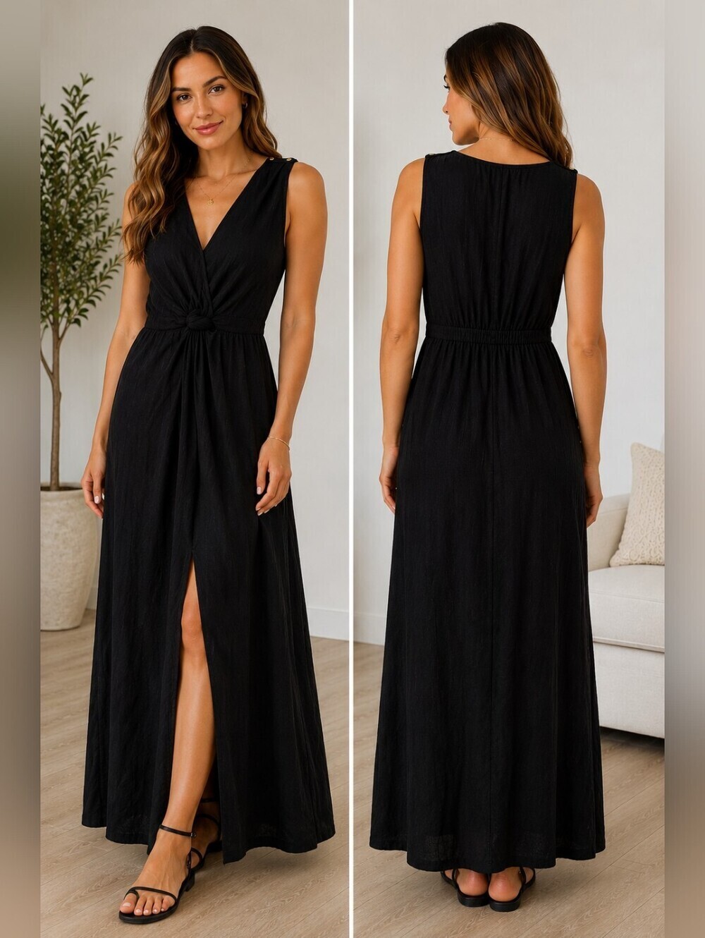 L*Space Black Knot Front Maxi Dress Cover Up Small V-Neck Slit Elastic Waist